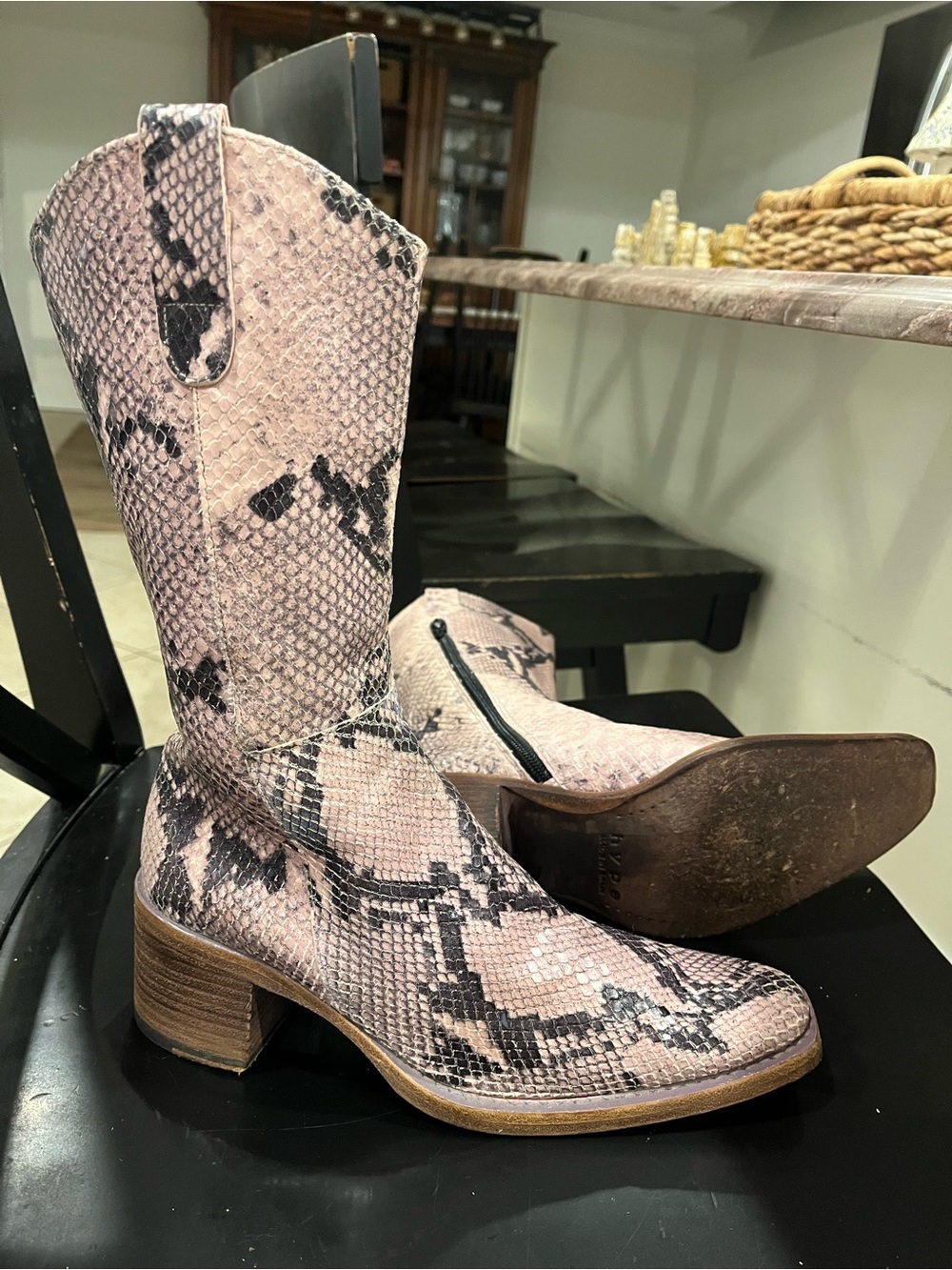 Vintage Hype Pink Neutral Leather Snake Print Mid Calf Western Boots
